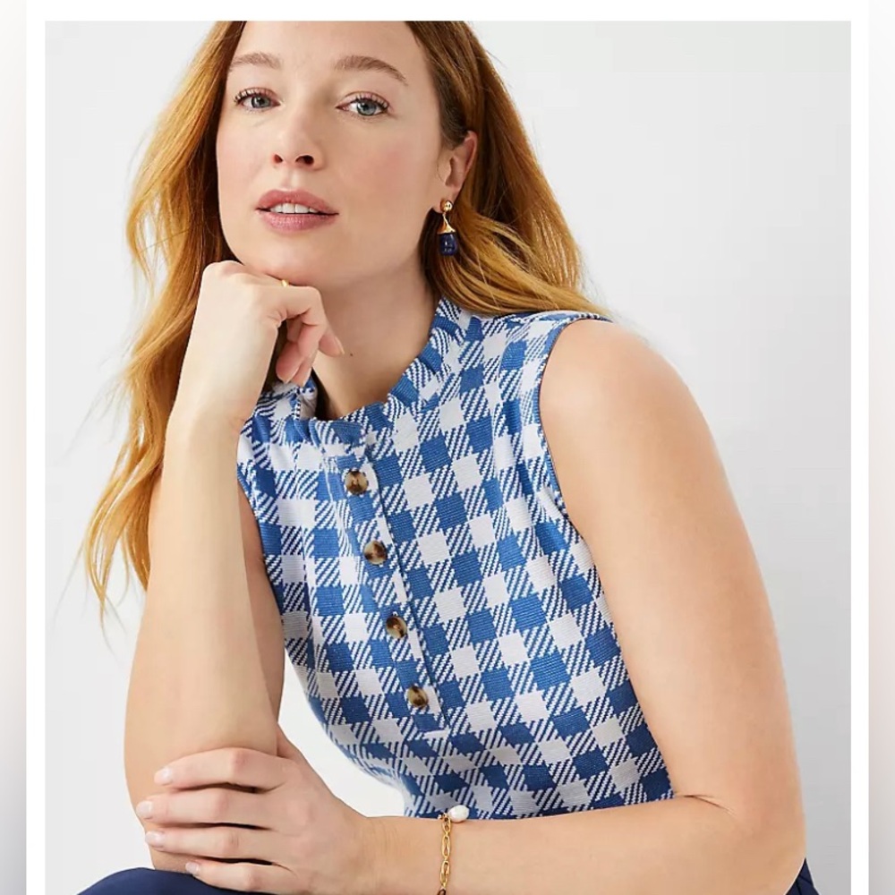 Ann Taylor Blue Plaid Ruffle Neck Button Sleeveless blouse